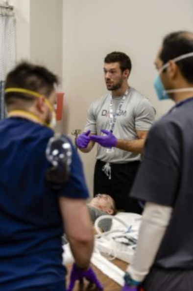 Dr. Grant Wallenfelsz, a resident at Parkland Hospital, participates in the Sept. 25 Trauma Day.