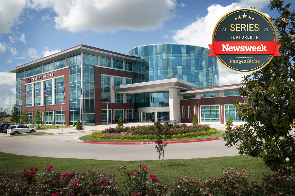 Photo of the Collin Higher Education Center with a badge that says "2024 Series Featured in Newsweek in partnership with PangeaGlobe."