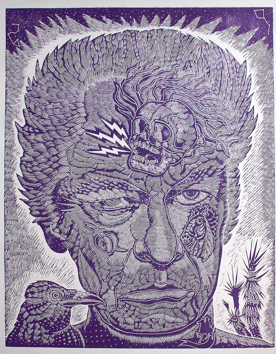 Ricky Armendariz, Only Time Will Tell (Luis Jimenez), wood block print ED of 5 37 x 45 2018