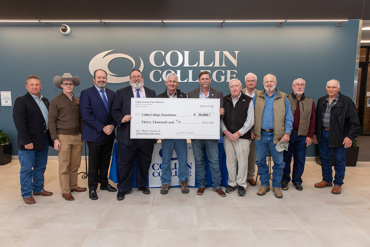 Collin County Farm Bureau board members joined Collin College and Collin College Foundation representatives at the Farmersville Campus to celebrate a $30,000 endowment created in memory of farm bureau board member Butch Aycock. Pictured from left are: Charles Ray Huddleston, Chase Brooke, Collin College Foundation Board Chair David Downs, Collin College District President Dr. Neil Matkin, David McMahan, James Foster, Dale Spurgin, Jerry Davis, Sandy Bedell, Jerry Truelove, and Alan Littrell.